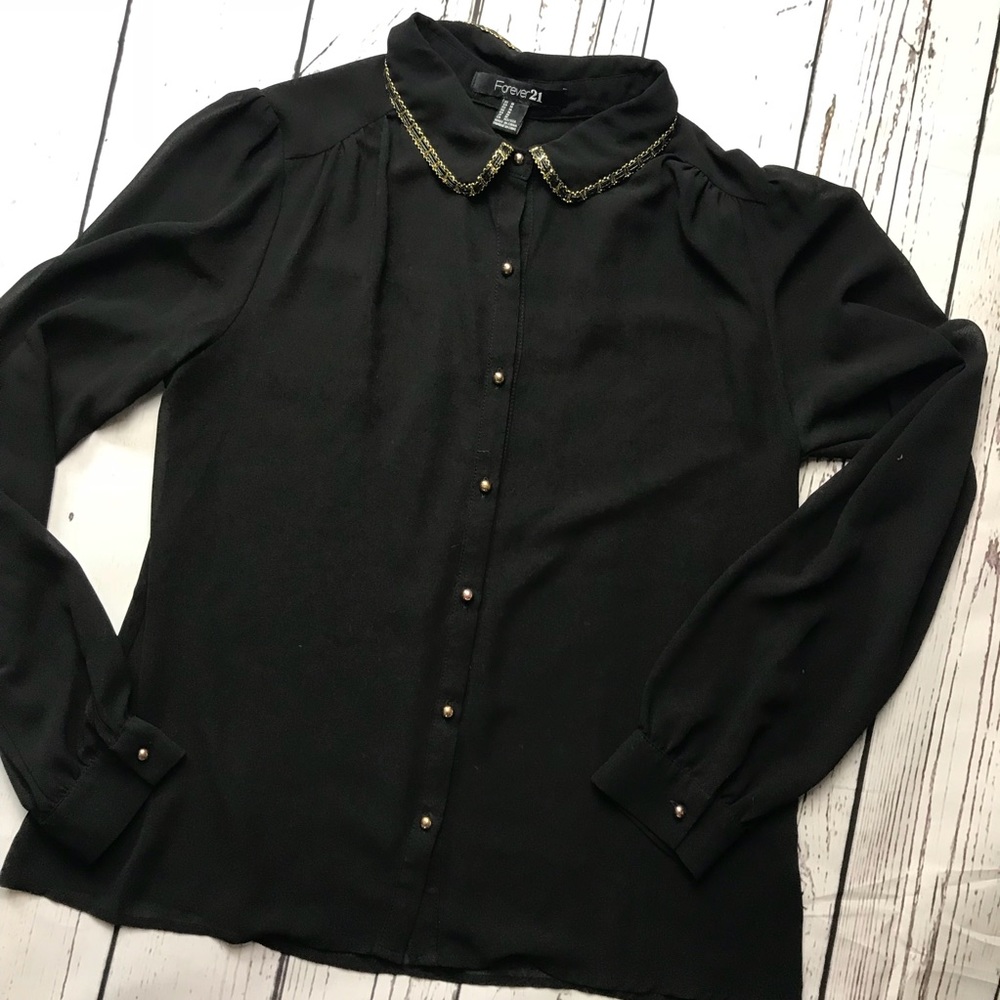Forever 21 black button down blouse w gold details